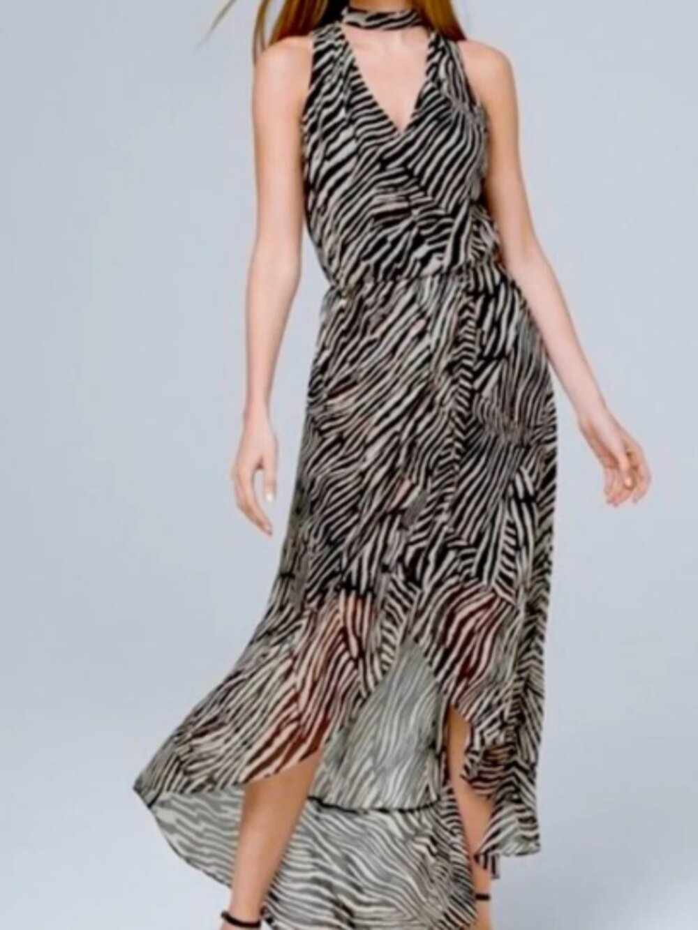 WHBM Zebra Print Hi Lo Sleeveless Scarf Neckline Maxi Dress Black/White